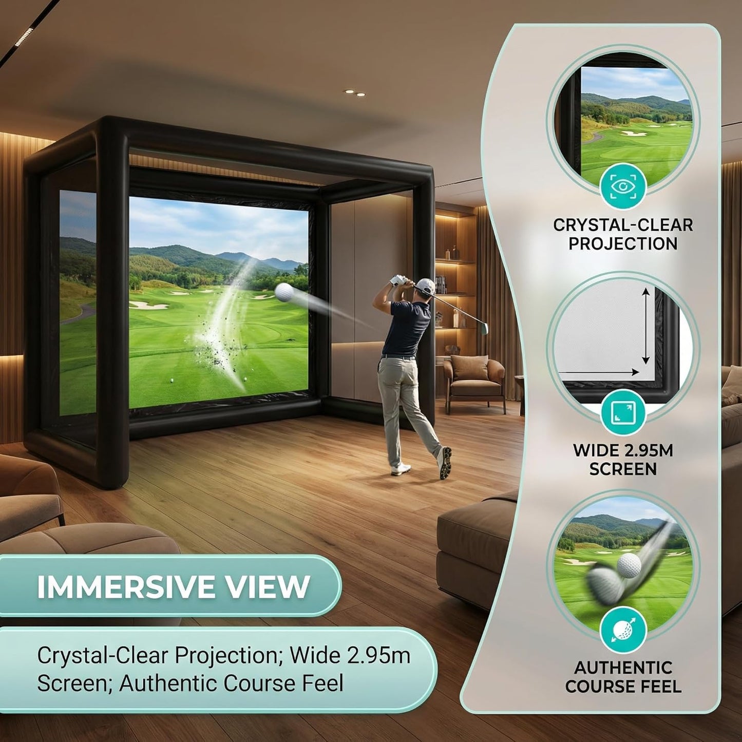 Inflatable Golf Simulator Enclosure 1.5M(L) X3.5M(W) X2.8M(H), Golf Practice Net with White Projection Screen, Portable Golf Simulator Tent for Indoor/Outdoor/Garage/Office