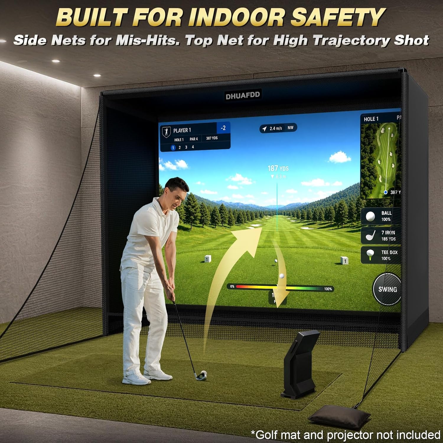 Golf Simulator Enclosure-10X8X5 FT Golf Simulator Net with HD Impact Screen Foam-Padded Steel Frame Blackout Enclosure with Side Nets & Ball Return Indoor Golf Practice Easy Setup