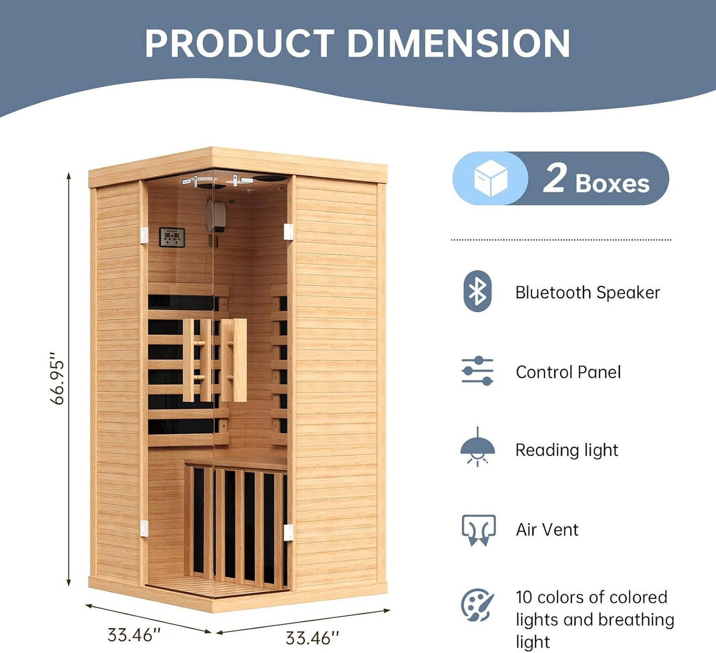 Wooden Infrared Saunas, 1 Person Traditonal Red Light Sauna, Indoor Home Sauna with Control Panel,10 Chromotherapy, Bluetooth Speakers, Low EMF for House & Gym, 33.4 * 33.4 * 70 Inch