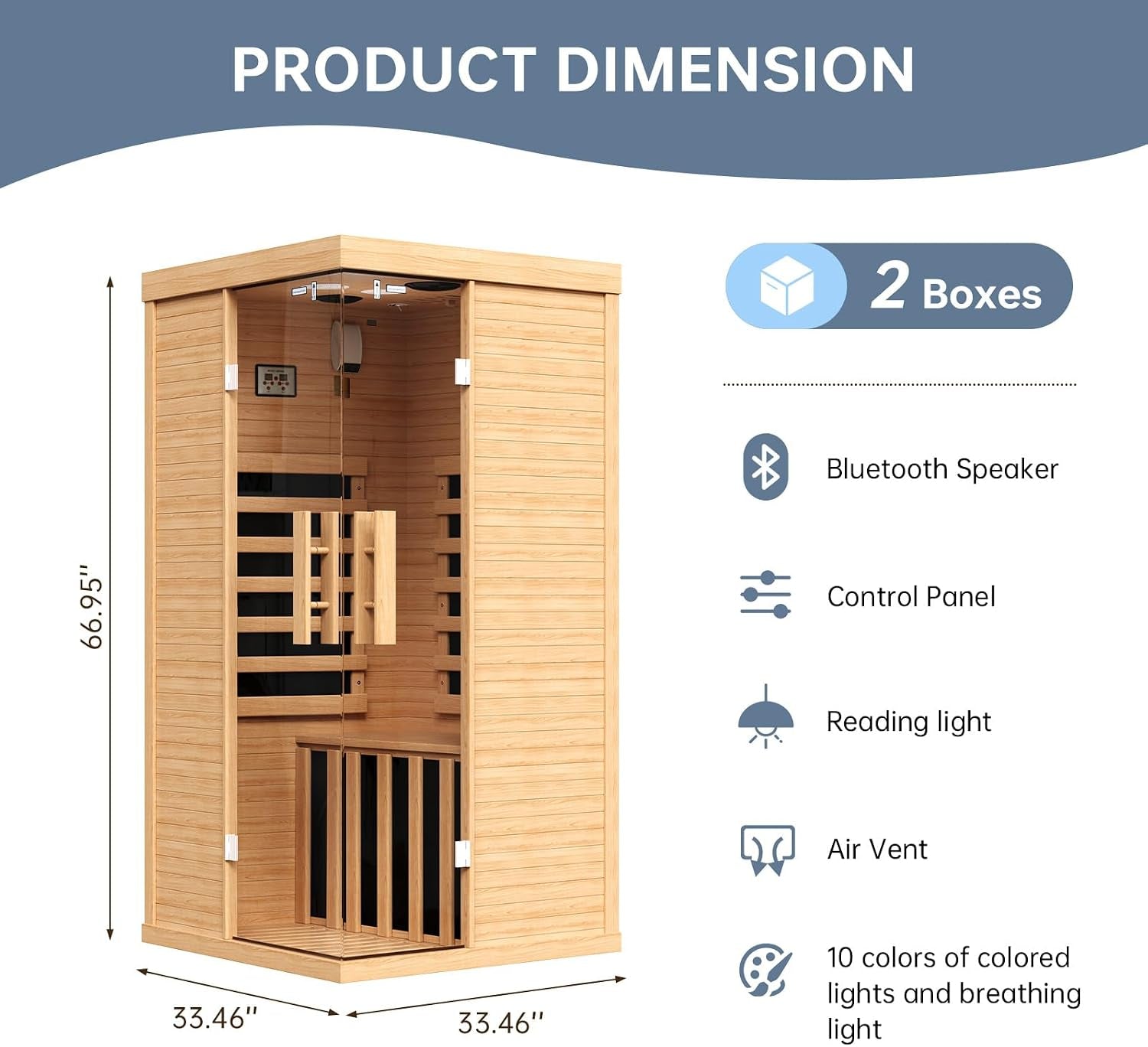 Wooden Infrared Saunas, 1 Person Traditonal Red Light Sauna, Indoor Home Sauna with Control Panel,10 Chromotherapy, Bluetooth Speakers, Low EMF for House & Gym, 33.4 * 33.4 * 70 Inch