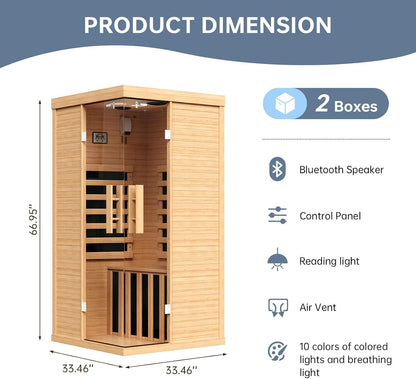 Wooden Infrared Saunas, 1 Person Traditonal Red Light Sauna, Indoor Home Sauna with Control Panel,10 Chromotherapy, Bluetooth Speakers, Low EMF for House & Gym, 33.4 * 33.4 * 70 Inch