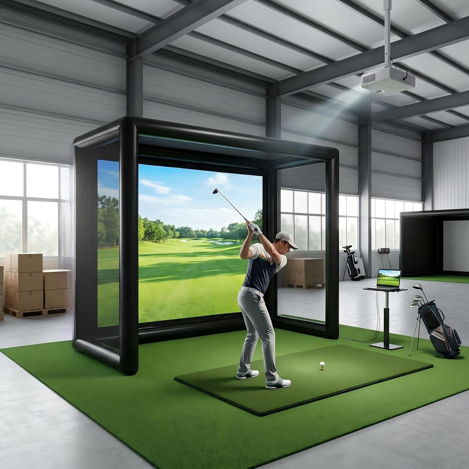 Inflatable Golf Simulator Enclosure 1.5M(L) X3.5M(W) X2.8M(H), Golf Practice Net with White Projection Screen, Portable Golf Simulator Tent for Indoor/Outdoor/Garage/Office