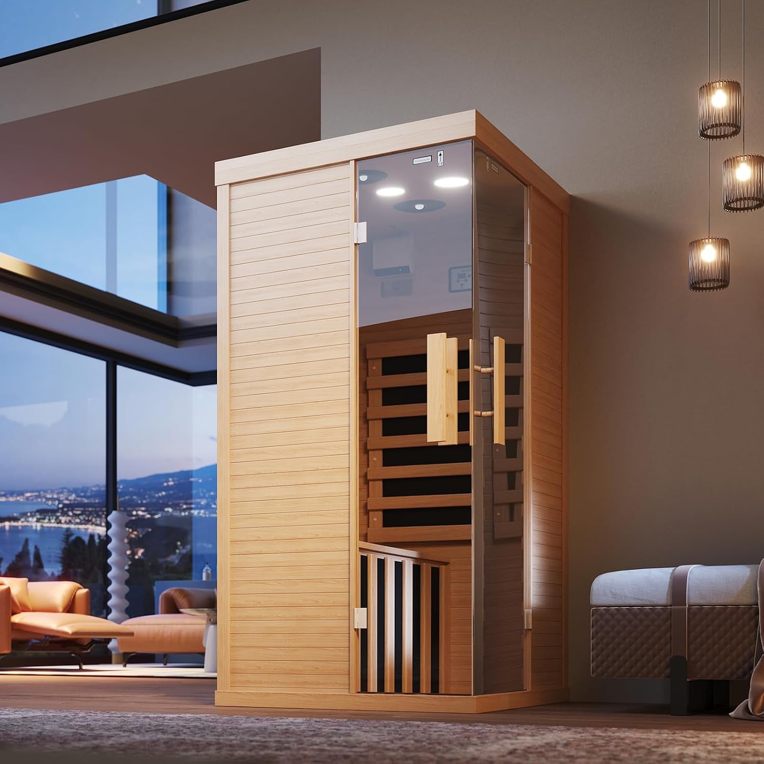 Wooden Infrared Saunas, 1 Person Traditonal Red Light Sauna, Indoor Home Sauna with Control Panel,10 Chromotherapy, Bluetooth Speakers, Low EMF for House & Gym, 33.4 * 33.4 * 70 Inch