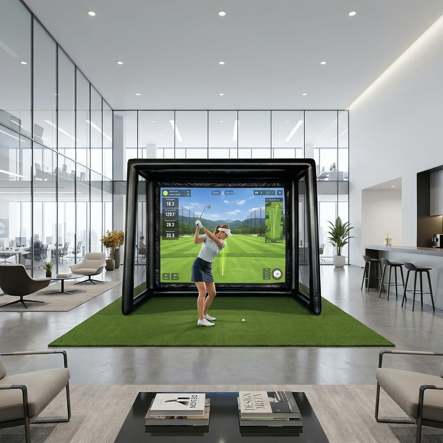 Inflatable Golf Simulator Enclosure 1.5M(L) X3.5M(W) X2.8M(H), Golf Practice Net with White Projection Screen, Portable Golf Simulator Tent for Indoor/Outdoor/Garage/Office
