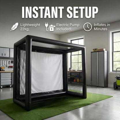 Inflatable Golf Simulator Enclosure 1.5M(L) X3.5M(W) X2.8M(H), Golf Practice Net with White Projection Screen, Portable Golf Simulator Tent for Indoor/Outdoor/Garage/Office