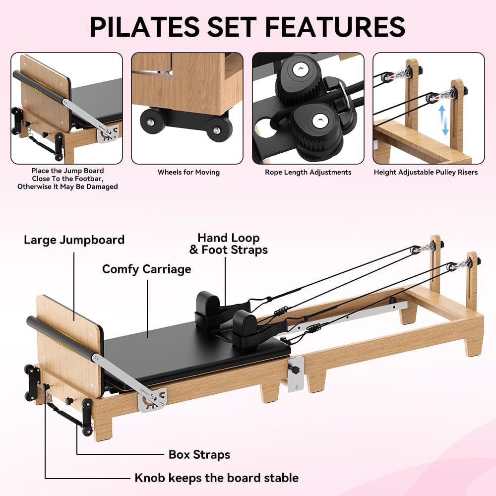 Foldable Pilates Reformer Machine, Quick-Assembly Studio Grade Pilates Reformer for Home and Gym, Pilates Equipment with Adjustable Resistance, Jump Board and Accessories