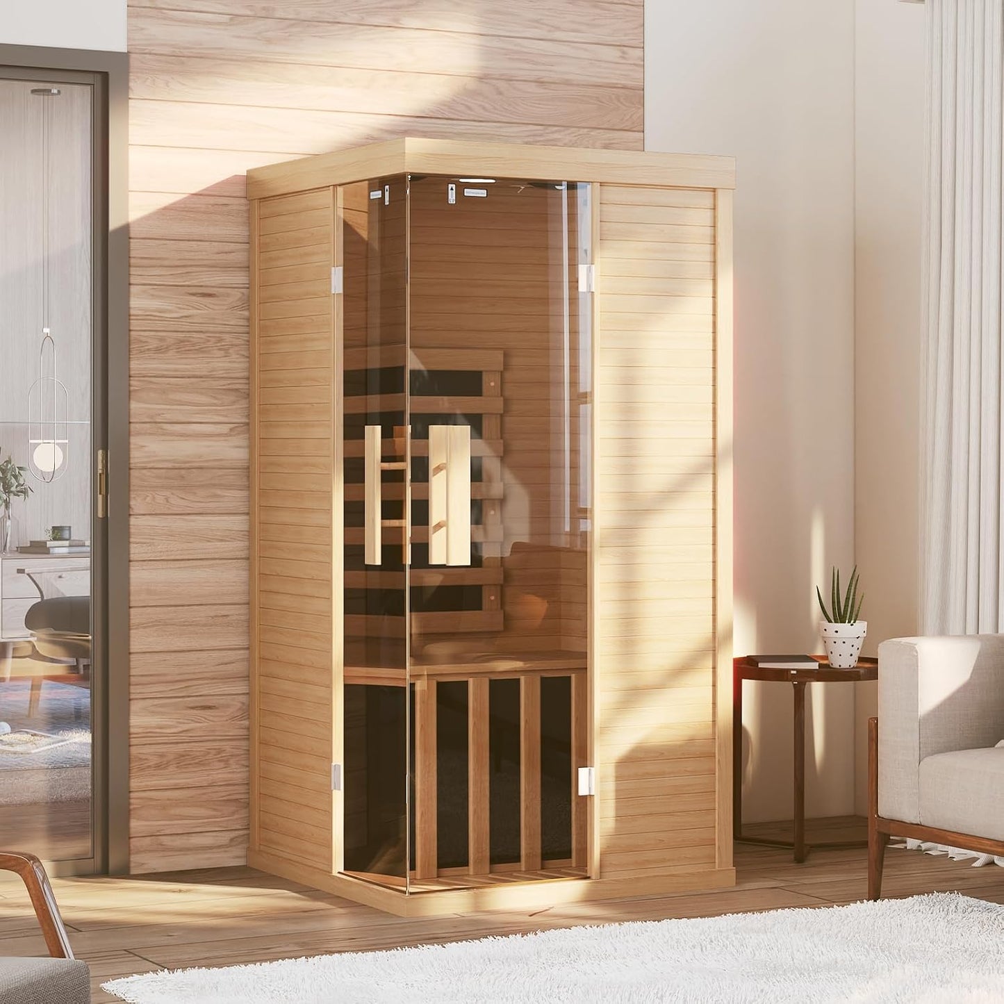 Wooden Infrared Saunas, 1 Person Traditonal Red Light Sauna, Indoor Home Sauna with Control Panel,10 Chromotherapy, Bluetooth Speakers, Low EMF for House & Gym, 33.4 * 33.4 * 70 Inch