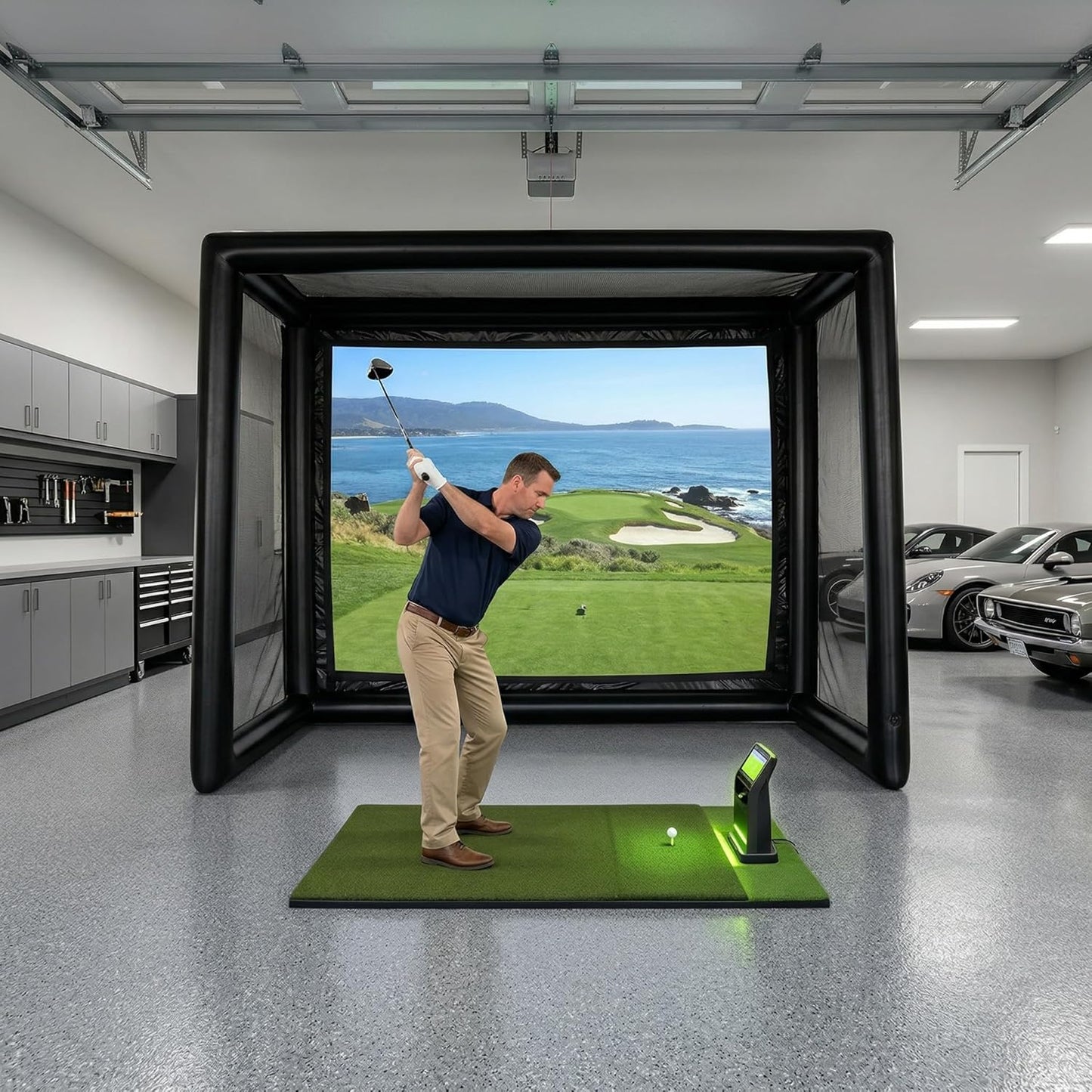 Inflatable Golf Simulator Enclosure 1.5M(L) X3.5M(W) X2.8M(H), Golf Practice Net with White Projection Screen, Portable Golf Simulator Tent for Indoor/Outdoor/Garage/Office