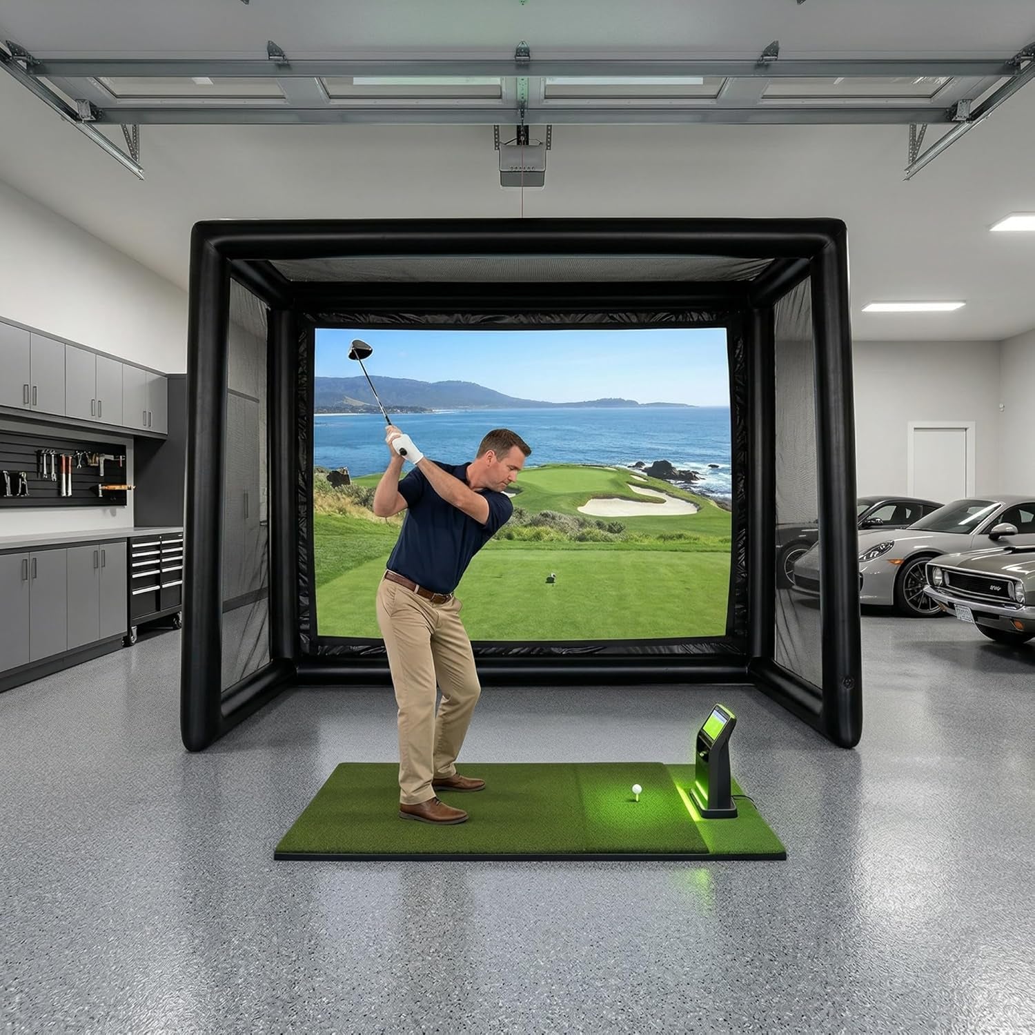 Inflatable Golf Simulator Enclosure 1.5M(L) X3.5M(W) X2.8M(H), Golf Practice Net with White Projection Screen, Portable Golf Simulator Tent for Indoor/Outdoor/Garage/Office