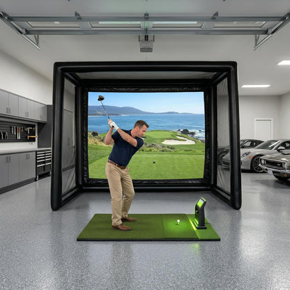 Inflatable Golf Simulator Enclosure 1.5M(L) X3.5M(W) X2.8M(H), Golf Practice Net with White Projection Screen, Portable Golf Simulator Tent for Indoor/Outdoor/Garage/Office