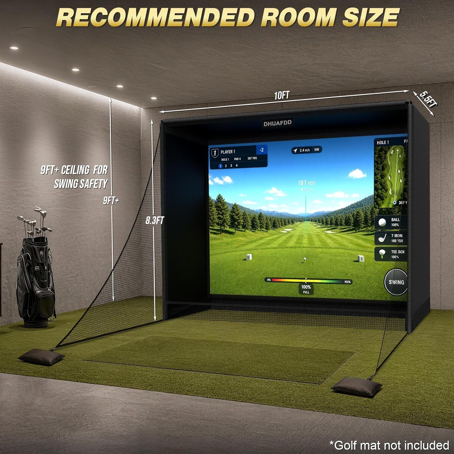 Golf Simulator Enclosure-10X8X5 FT Golf Simulator Net with HD Impact Screen Foam-Padded Steel Frame Blackout Enclosure with Side Nets & Ball Return Indoor Golf Practice Easy Setup