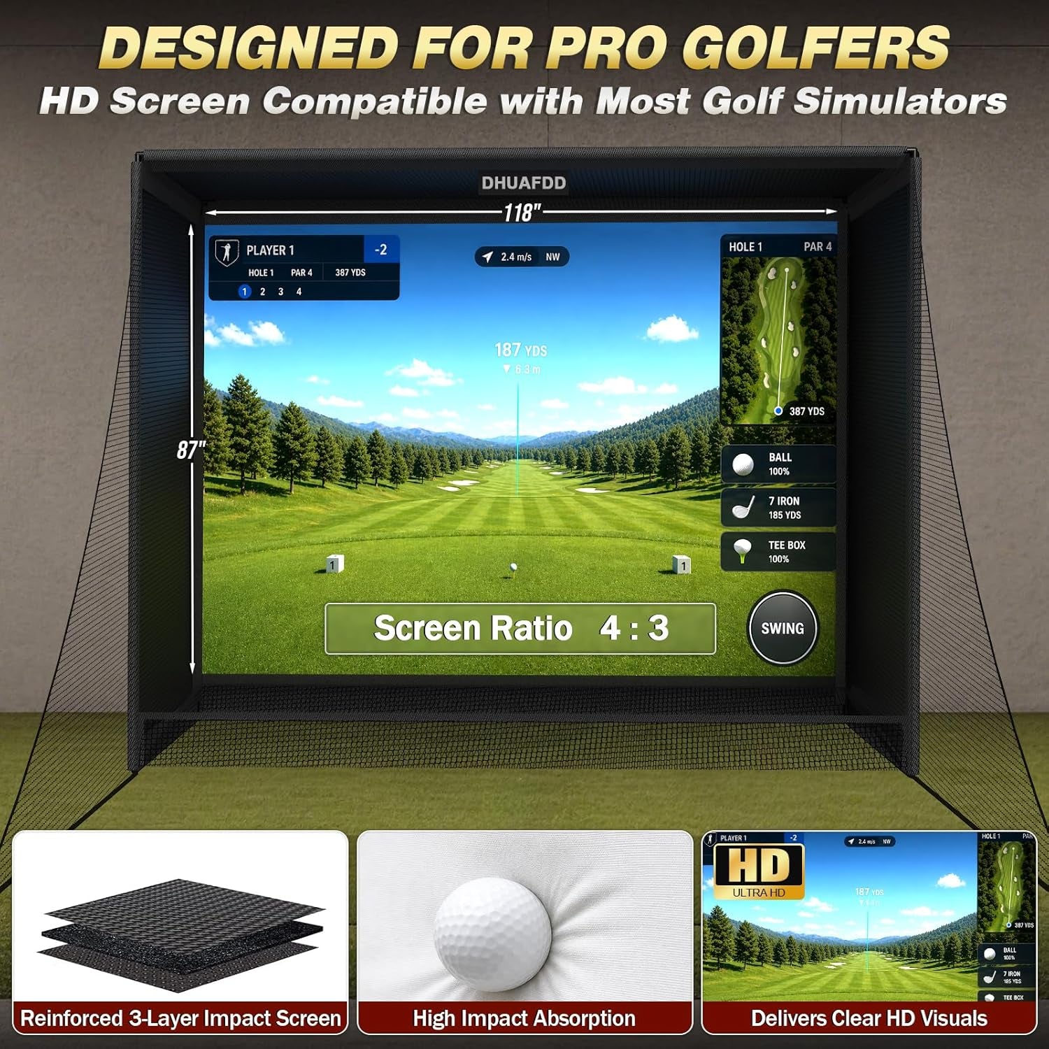 Golf Simulator Enclosure-10X8X5 FT Golf Simulator Net with HD Impact Screen Foam-Padded Steel Frame Blackout Enclosure with Side Nets & Ball Return Indoor Golf Practice Easy Setup