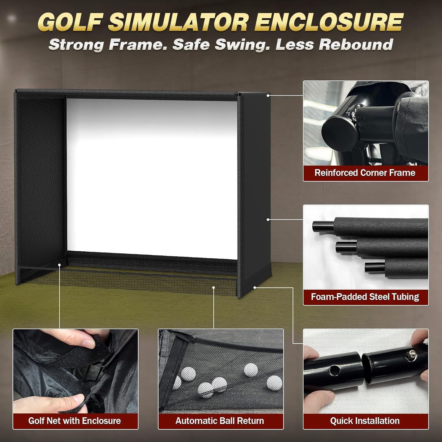 Golf Simulator Enclosure-10X8X5 FT Golf Simulator Net with HD Impact Screen Foam-Padded Steel Frame Blackout Enclosure with Side Nets & Ball Return Indoor Golf Practice Easy Setup