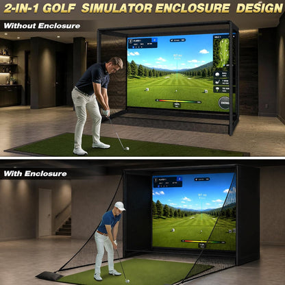 Golf Simulator Enclosure-10X8X5 FT Golf Simulator Net with HD Impact Screen Foam-Padded Steel Frame Blackout Enclosure with Side Nets & Ball Return Indoor Golf Practice Easy Setup